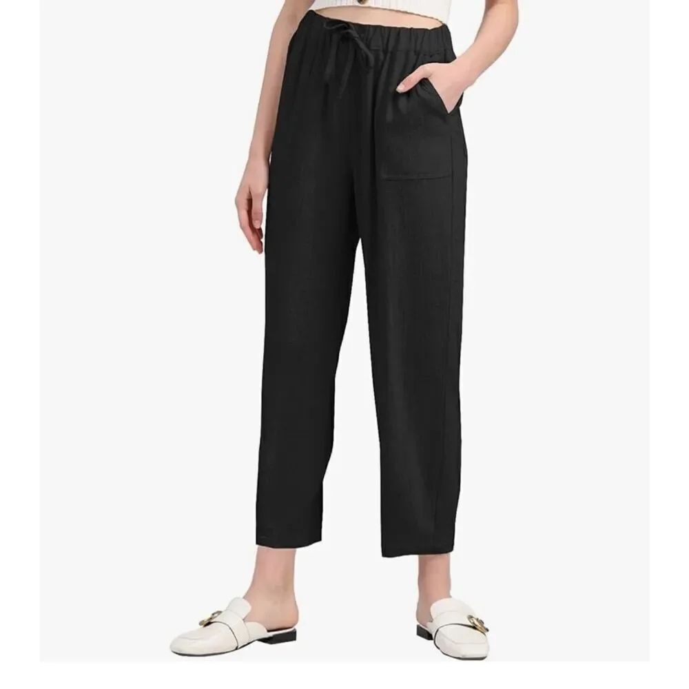 NWT Womens Meomua Navy Blue Linen Drawstring Casual Cropped Capri Pants - Sz S - Picture 2 of 4
